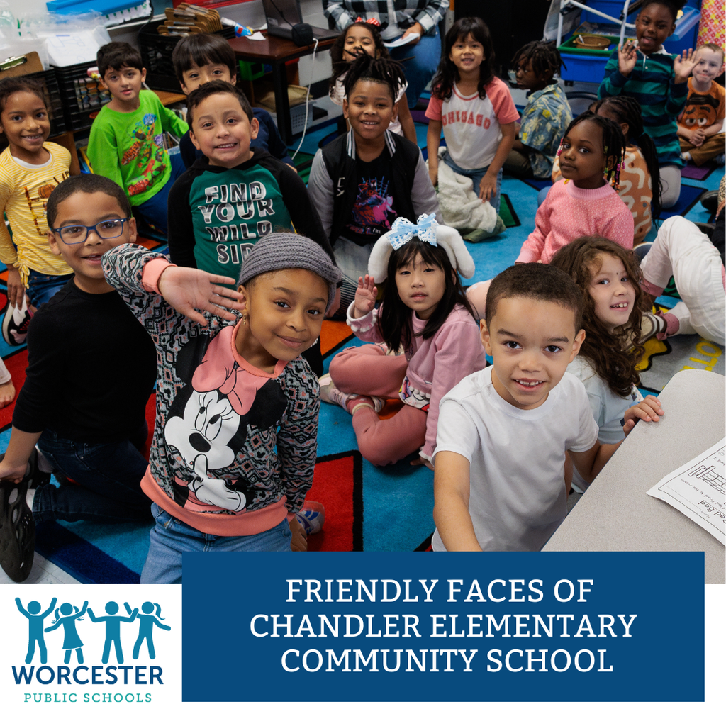 A graphic that says Friendly Faces of Chandler Elementary School with a photo of students on a rug.