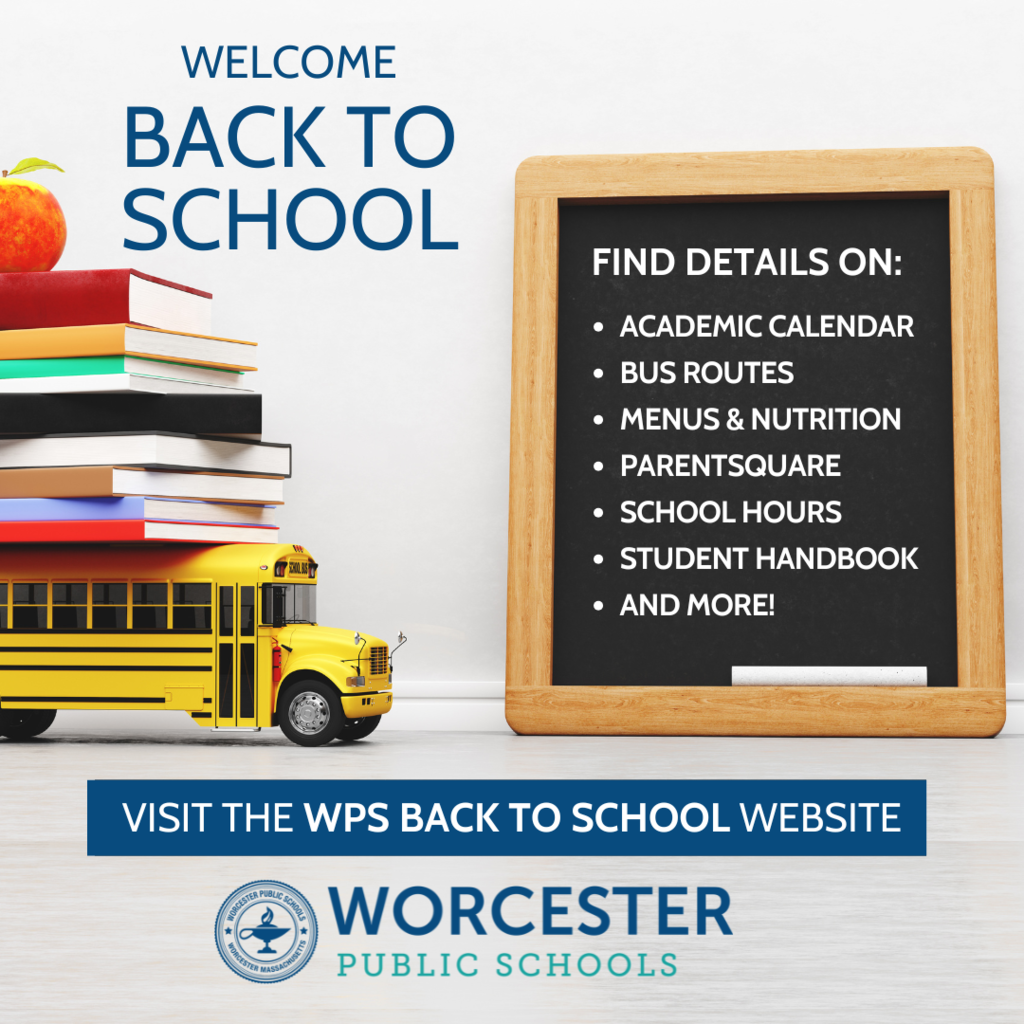 Back to school welcome image with a school bus, books, and a chalkboard.