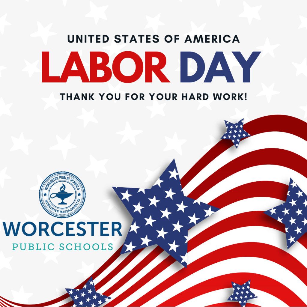 Labor Day graphic with stars and red, white, and blue stripes, text reads 'Thank you for your hard work!'