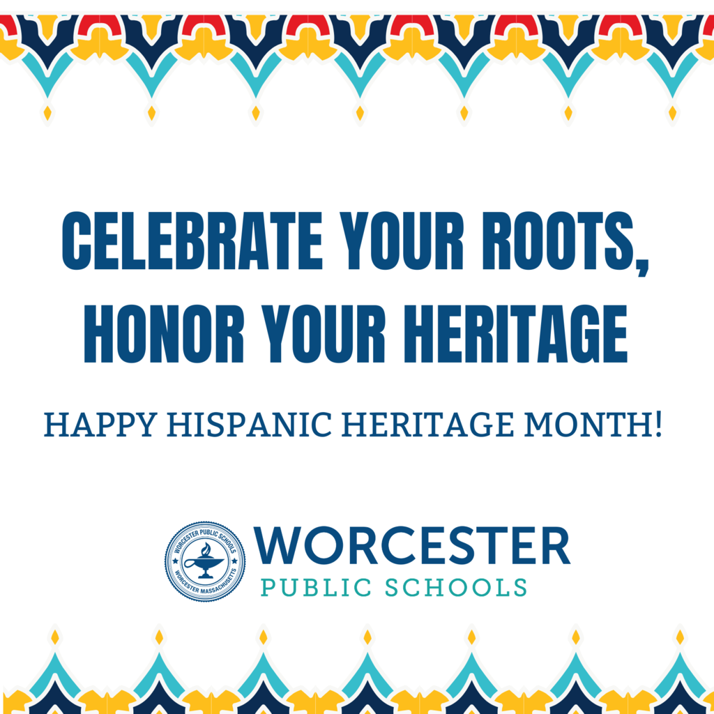 Image promoting Hispanic Heritage Month with decorative border and text.