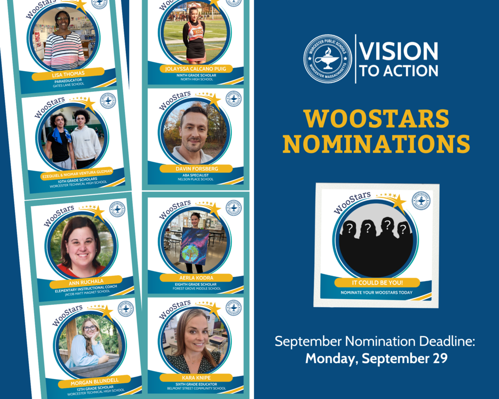 A promotional graphic for WooStars nominations, featuring portraits of nominees and the Worcester Public Schools logo.