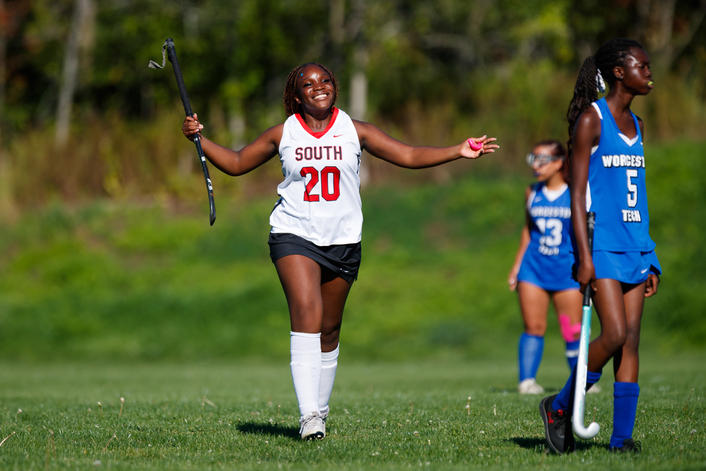 A South High player celebrates following a goal.