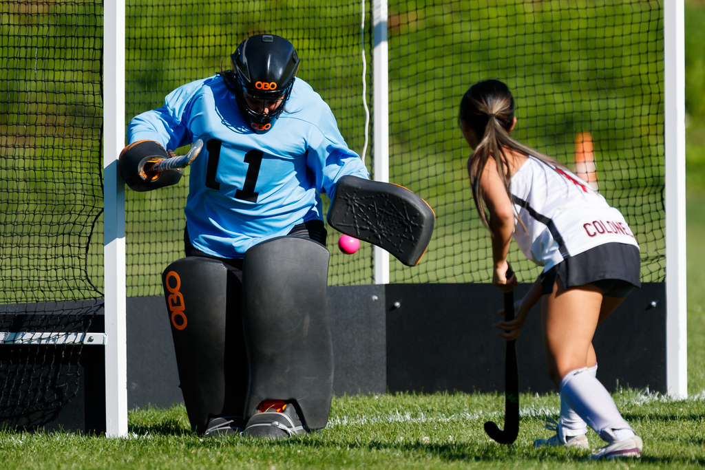 The Worcester Tech goalie saves a shot.