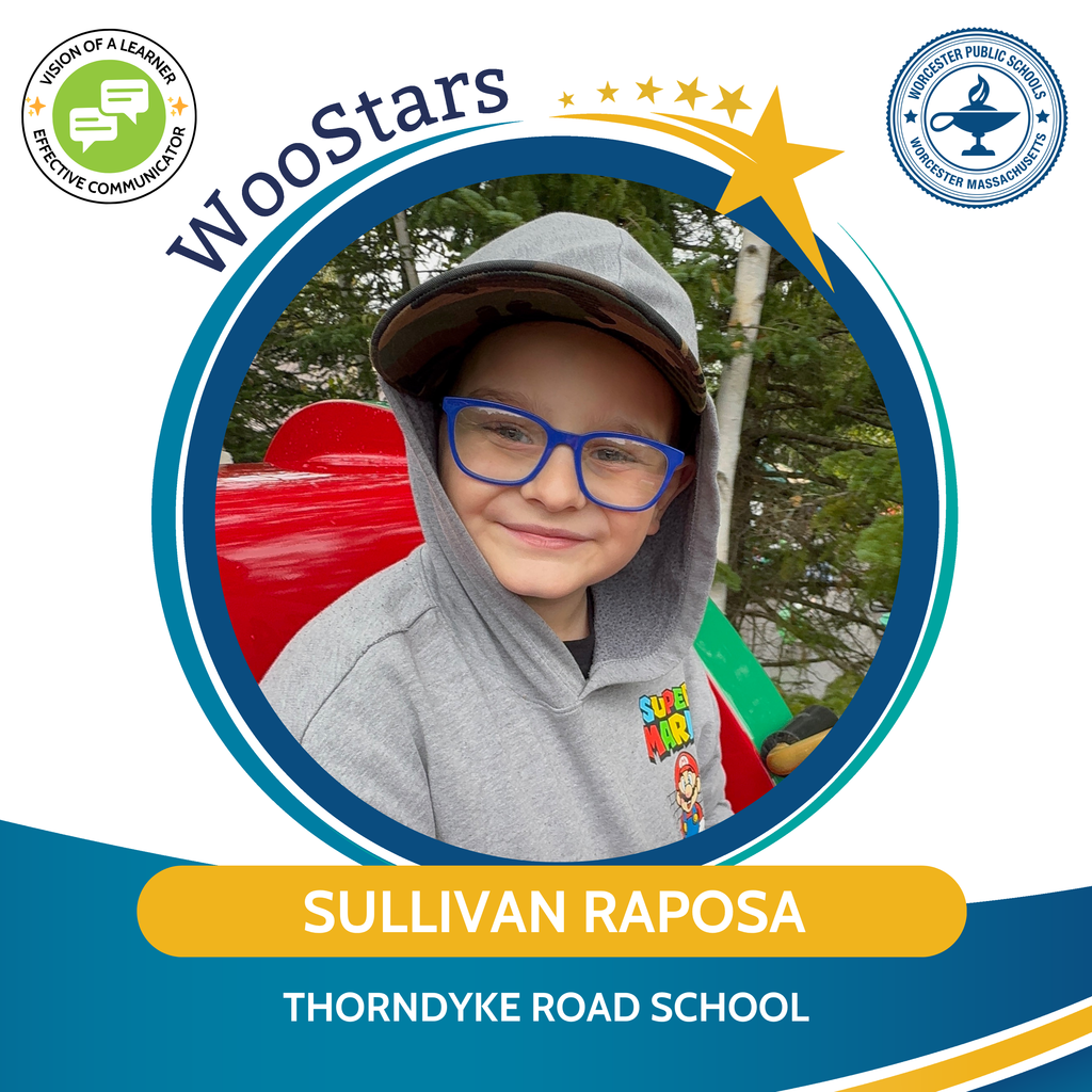 A WooStars Graphic of Sullivan Raposa, Second Grader at Thorndyke Road School. 