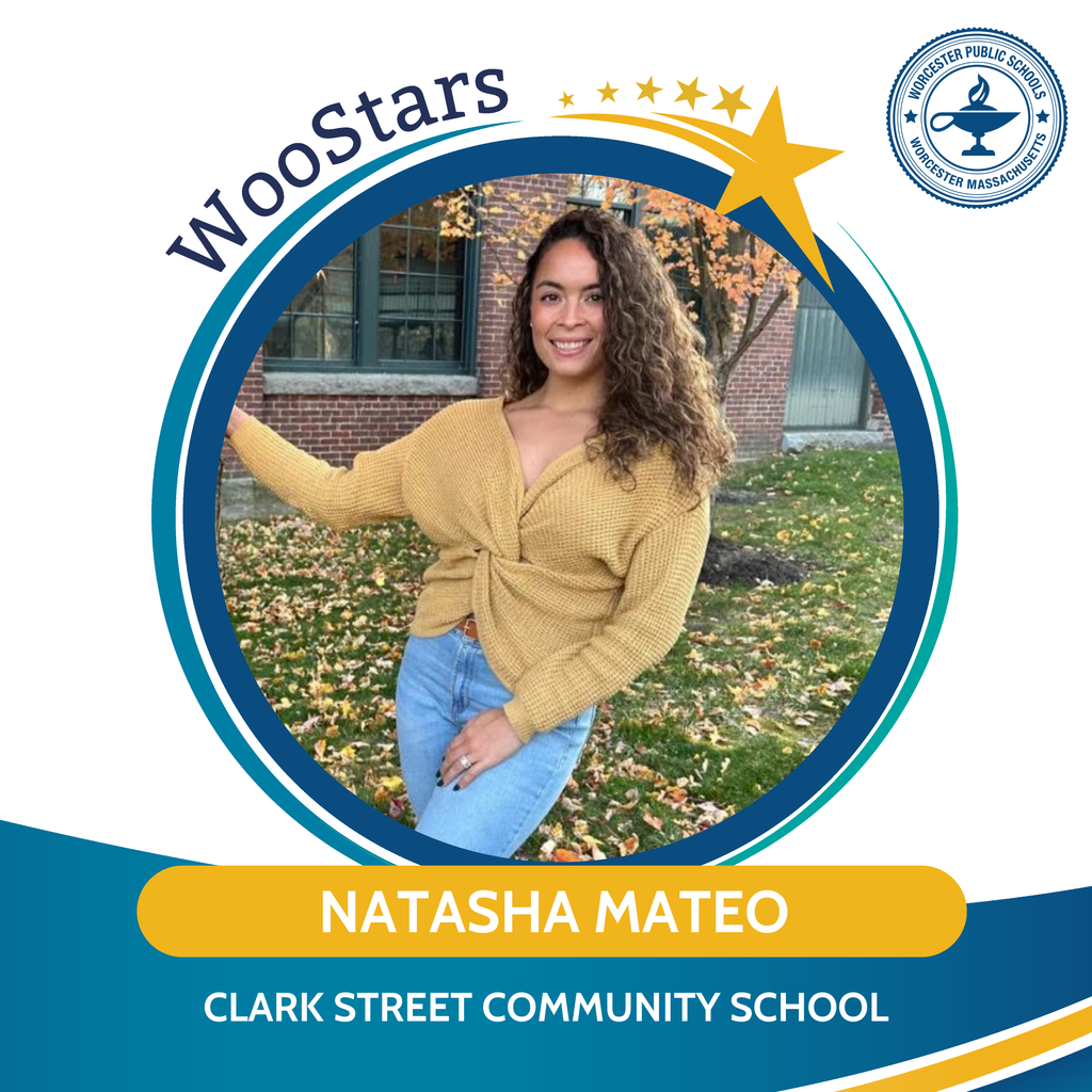 A WooStars graphic of Natasha Mateo, ESL Teacher at Clark Street Community School