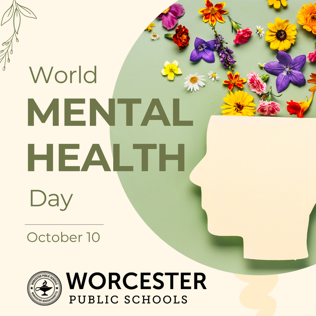 World Mental Health Day graphic with flowers and a head silhouette.