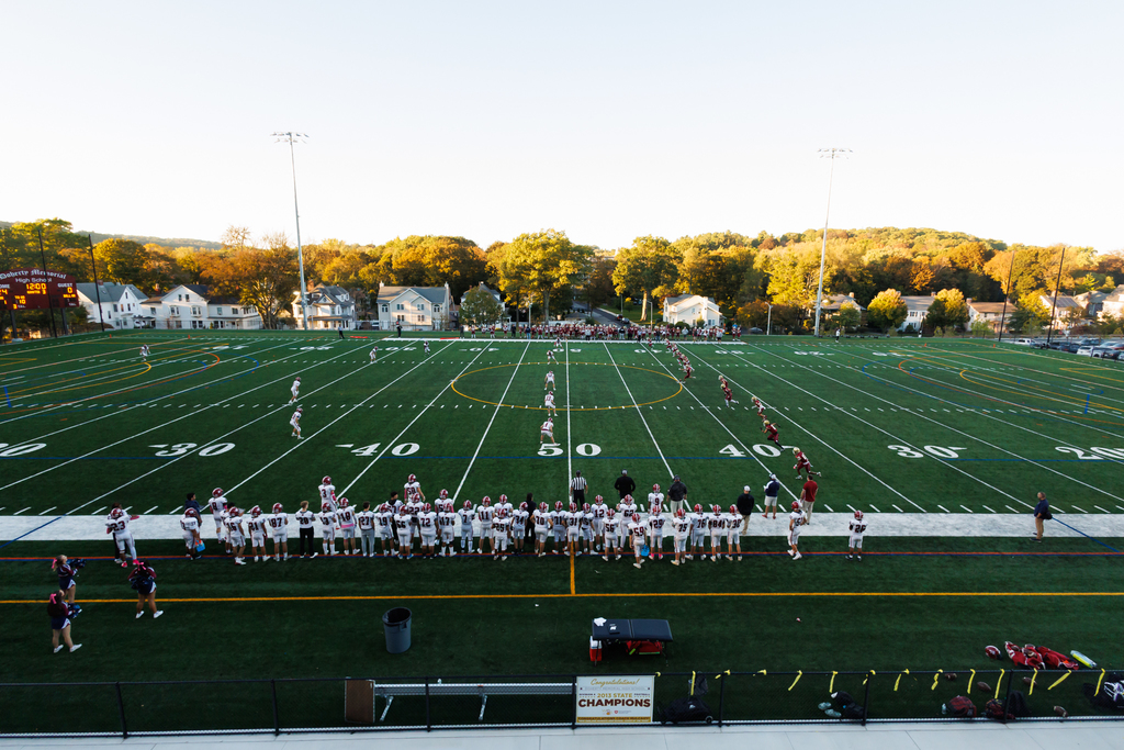 A wide-angle shot of the new turf field at Doherty High School.