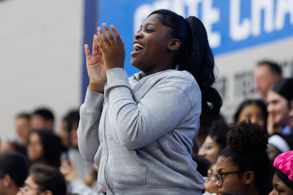 A student cheers during an event at Worcester Tech.