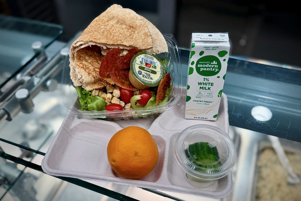 A pre-packaged meal on a tray includes a pita sandwich, orange, milk, and cucumber slices.