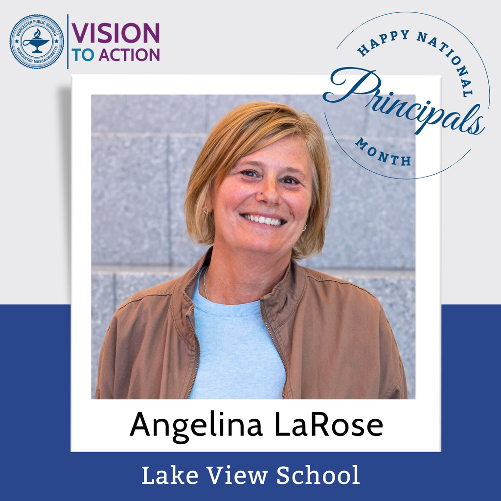 A graphic with the headshot of Angelina LaRose, principal at Lake View School.