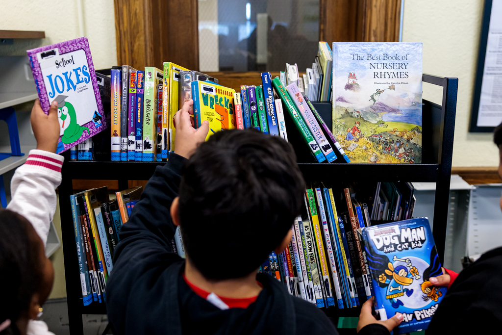 Students pick through available books at the library.