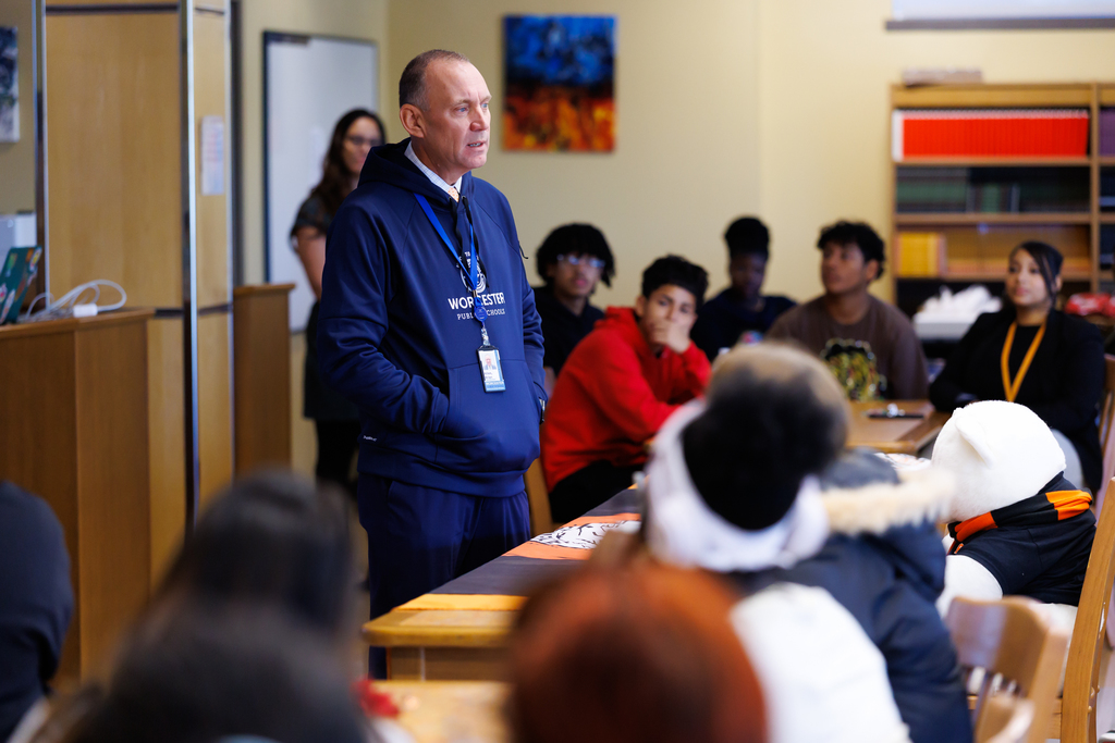Superintendent Brian E. Allen speaks to a room of students.