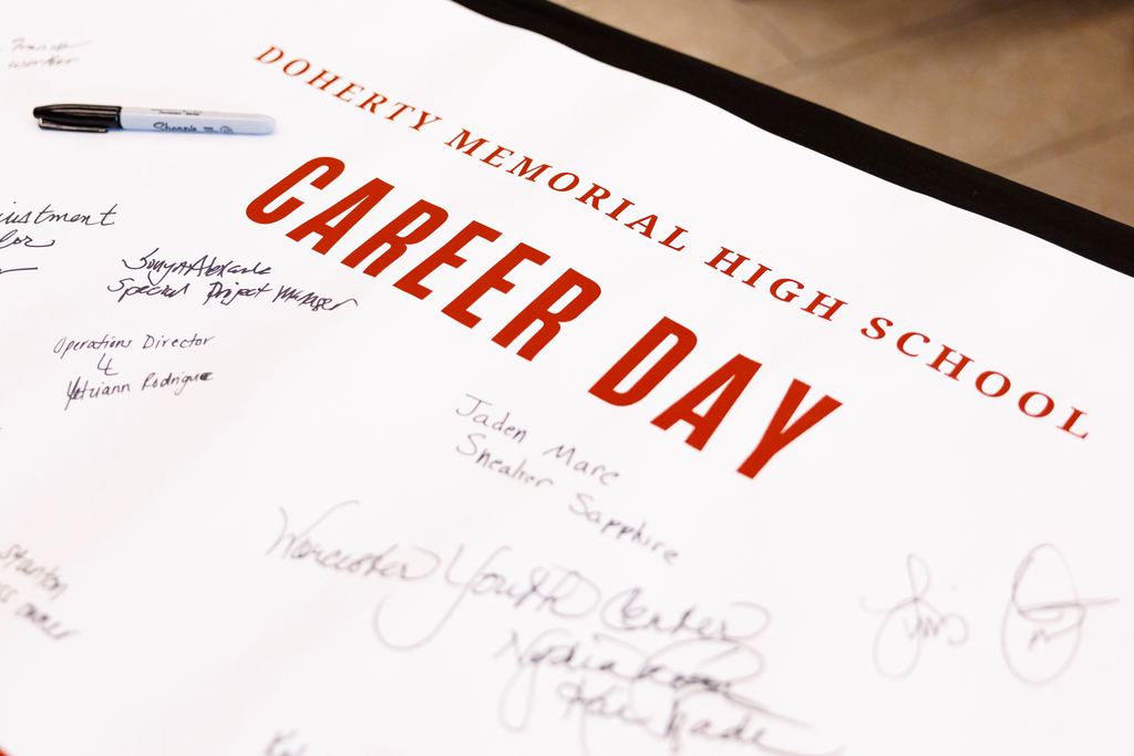 A banner that reads "Doherty Memorial High School Career Day."