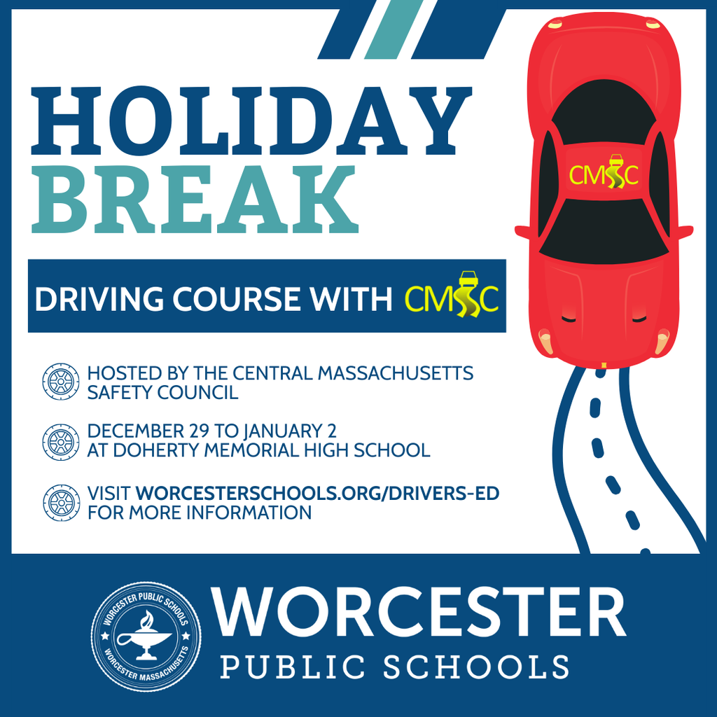 Graphic advertising a driving course during the holiday break, featuring a red car graphic.