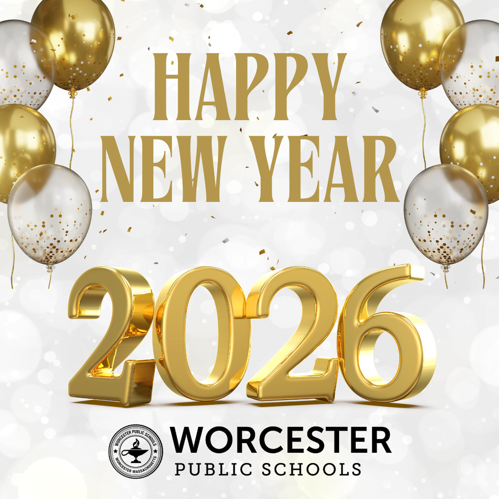 Golden balloons and confetti celebrate the arrival of 2026 with 'Happy New Year' text.