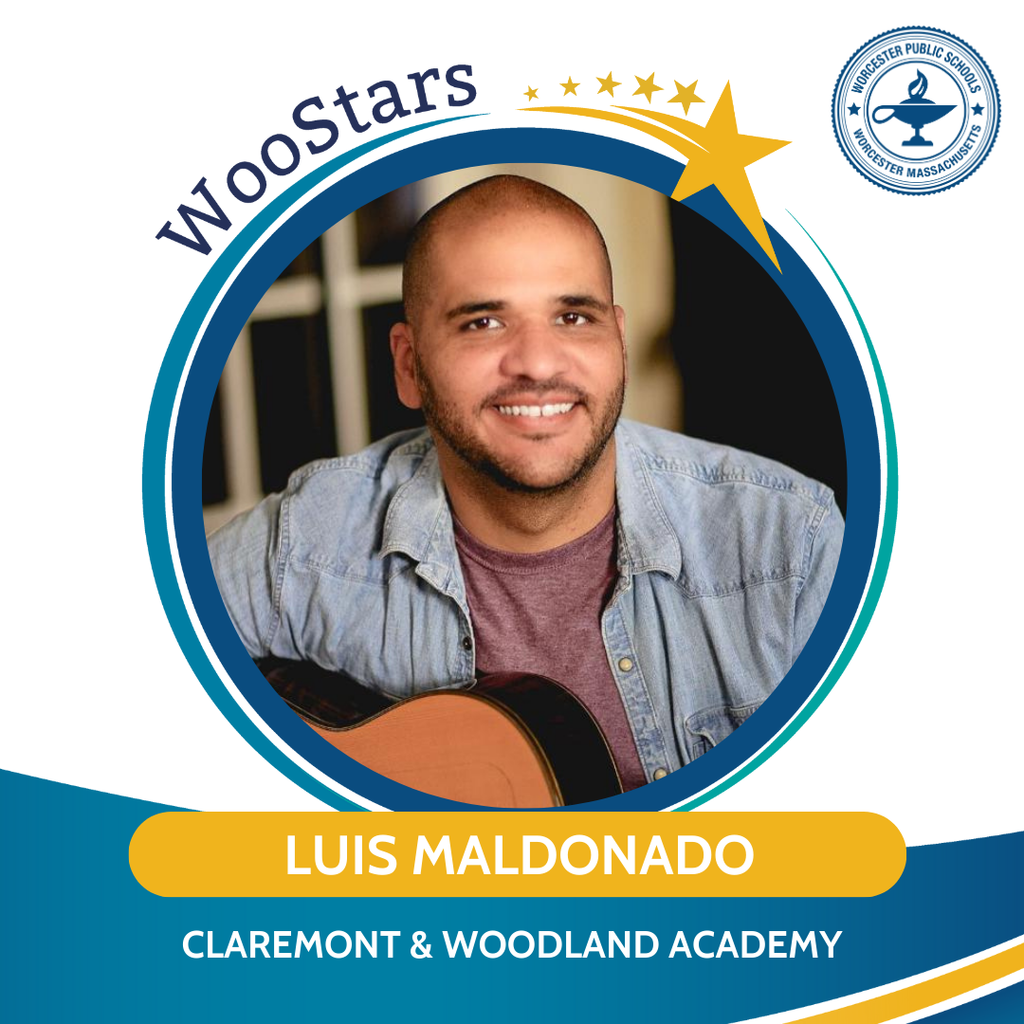 A WooStars graphic of Luis Maldonado, Music Teacher at Claremont & Woodland Academy.