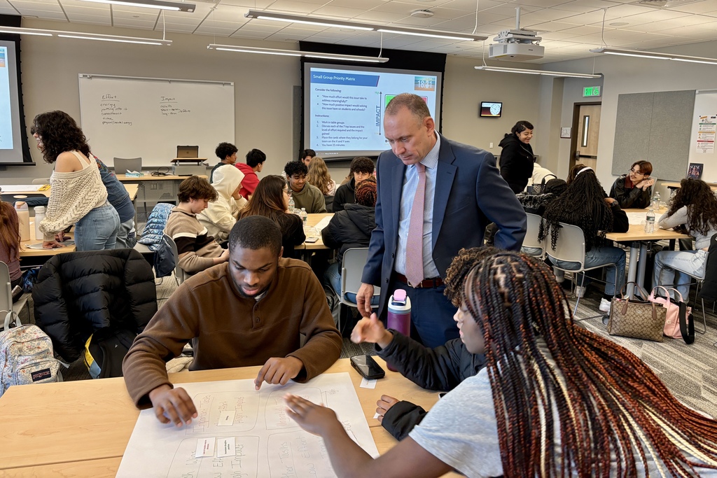 A teacher in a suit guides students working on a 'Small Group Priority Matrix' on a large paper.