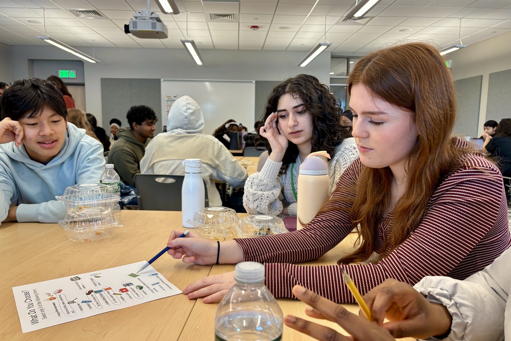 Students in a classroom are engaged in a group activity, looking at a worksheet titled 'What Do You Choose?'