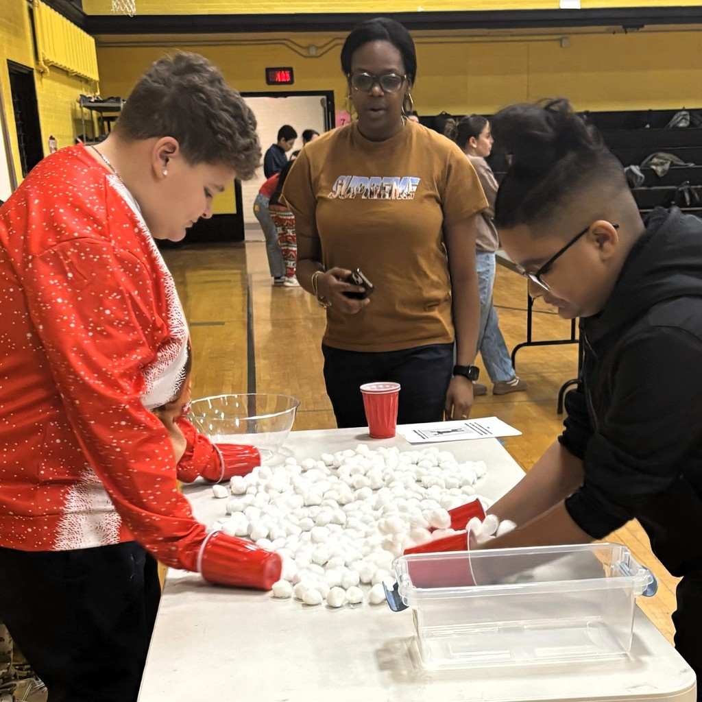 Students engage in a hands-on activity with cotton balls and red cups in a gymnasium.