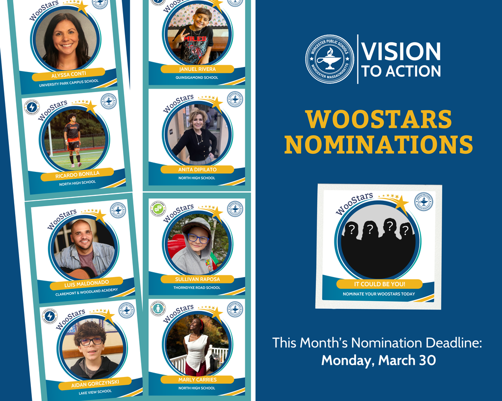 A WooStars round up graphic featuring this year's WooStar selections. It also has text that says 'WooStars Nominations' and 'This Month's Nomination Deadline is Monday, March, 30."