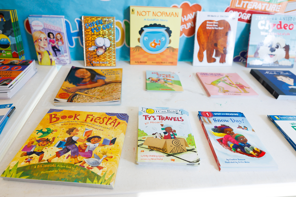 Books are laid out on the table of various titles.