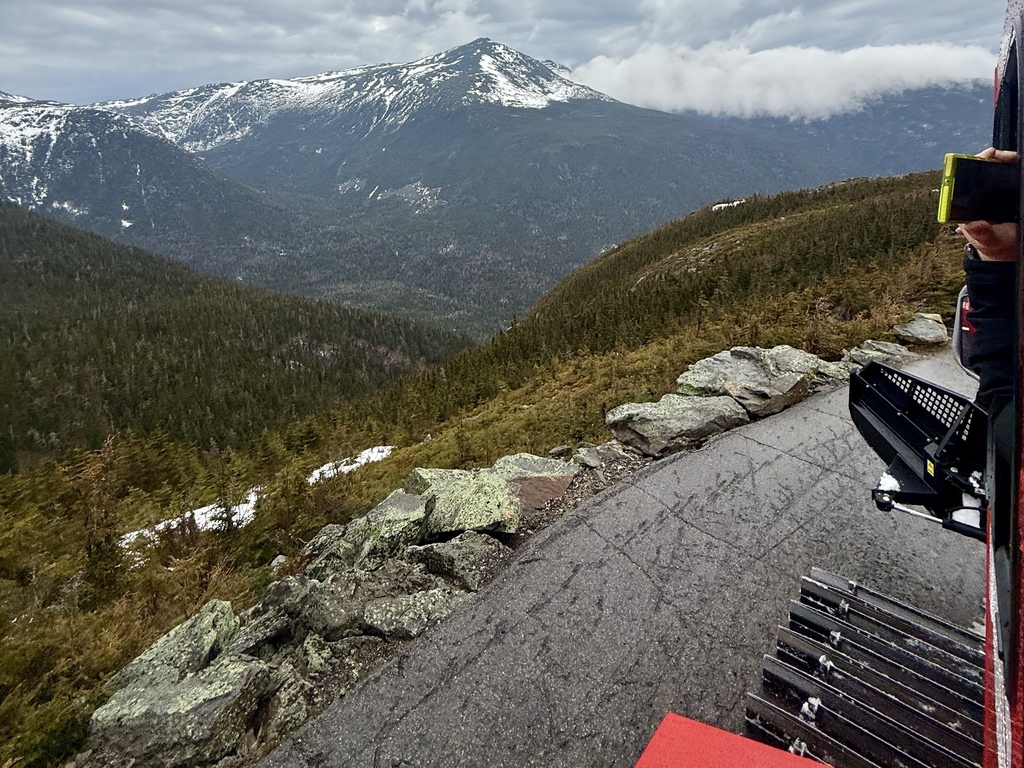 A person holds a phone with a bright yellow case, capturing a view of snow-capped mountains and a dense forest.
