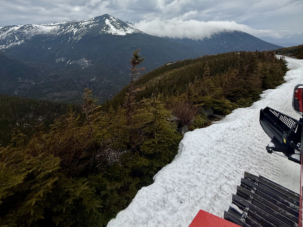 A snow-covered mountain peak under a cloudy sky, with a forest-covered slope in the foreground.