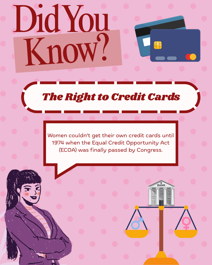 A "Did You Know?" infographic titled "The Right to Credit Cards." It explains that women couldn't get their own credit cards until the Equal Credit Opportunity Act (ECOA) passed in 1974. The illustration shows a woman in a purple suit next to a scale balancing a bank building between male and female symbols.