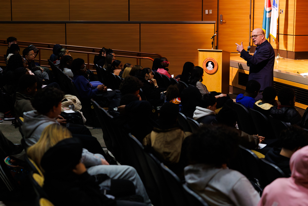 Congressman Jim McGovern speaks to an auditorium of students at North High.