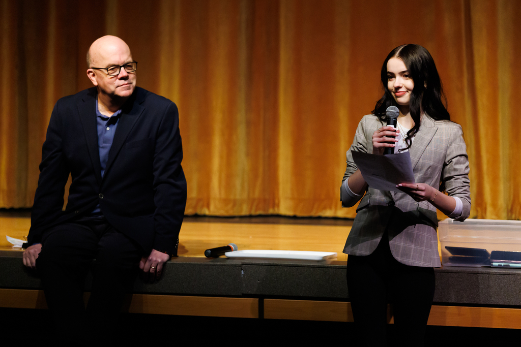 A North High student introduces Congressman Jim McGovern during a recent visit.