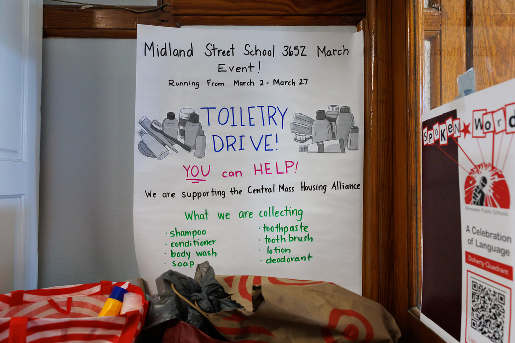 Poster for a Midland Street School Toiletry Drive supporting Central Mass Housing Alliance, running March 2-27.