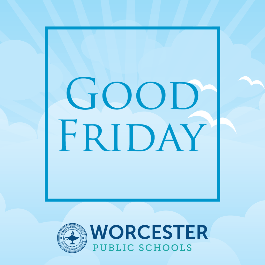 A graphic with the text 'GOOD FRIDAY' in large blue letters against a sky background.