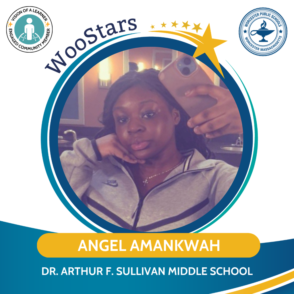 A WooStars graphic of Angel Amankwah of Sullivan Middle School.