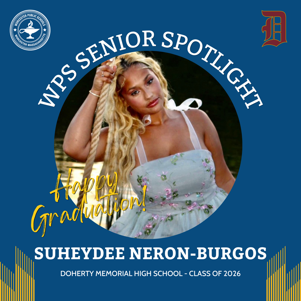 A senior spotlight graphic featuring an image of Suheydee Neron-Burgos, and the words "Doherty Memorial High School Class of 2026".