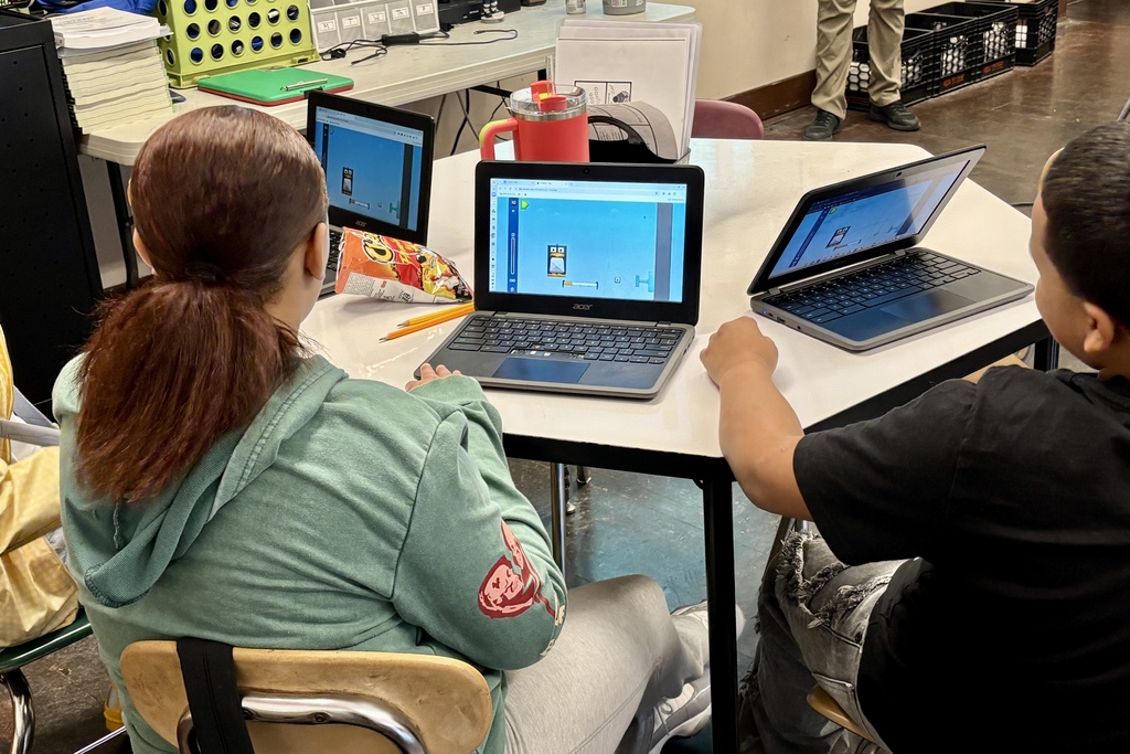 Two students work on laptops displaying a game with cartoon penguins.