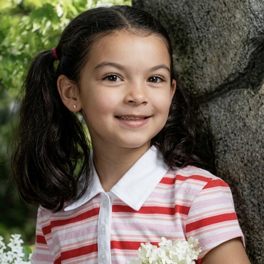 A young girl with dark pigtails smiles, leaning against a textured rock.