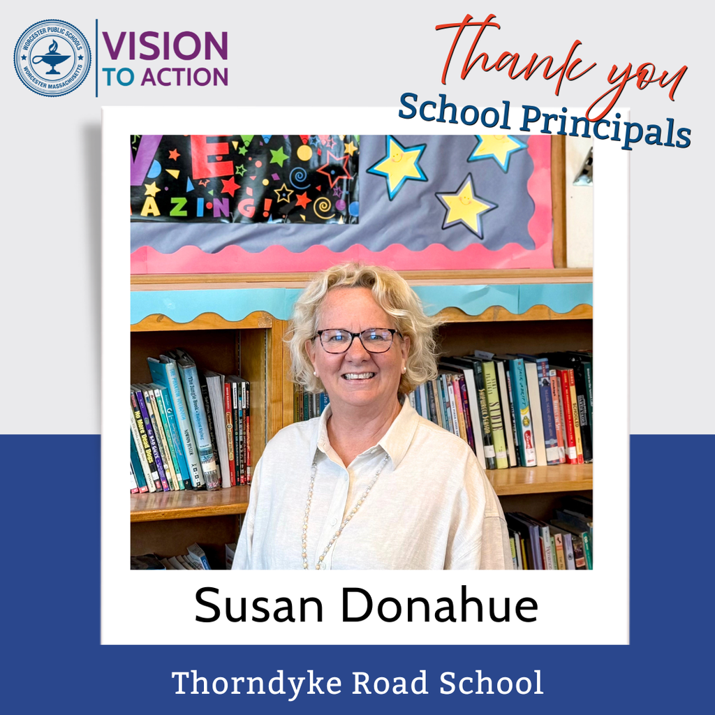 A smiling woman with blonde hair and glasses stands in front of bookshelves, identified as Susan Donahue of Thorndyke Road School.