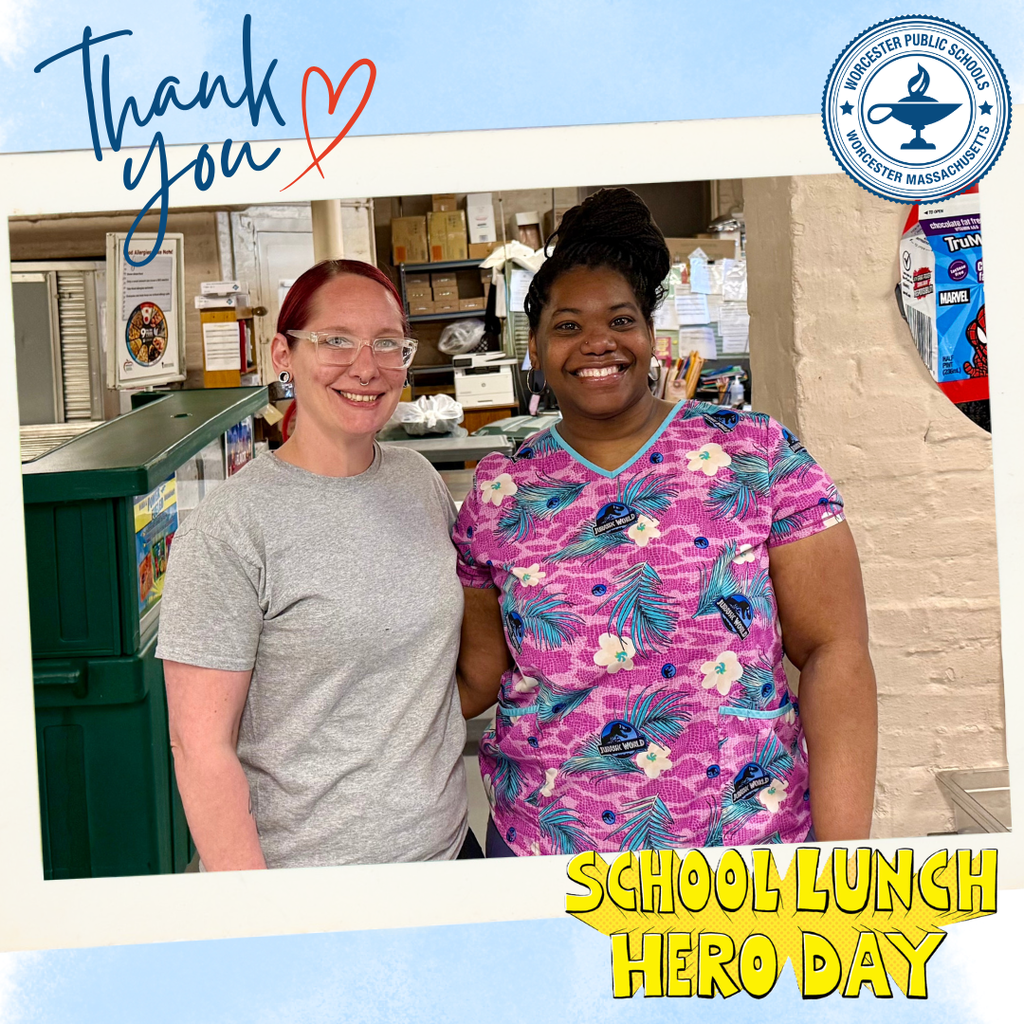 Two smiling women stand together, with text overlay reading 'Thank you' and 'SCHOOL LUNCH HERO DAY'.