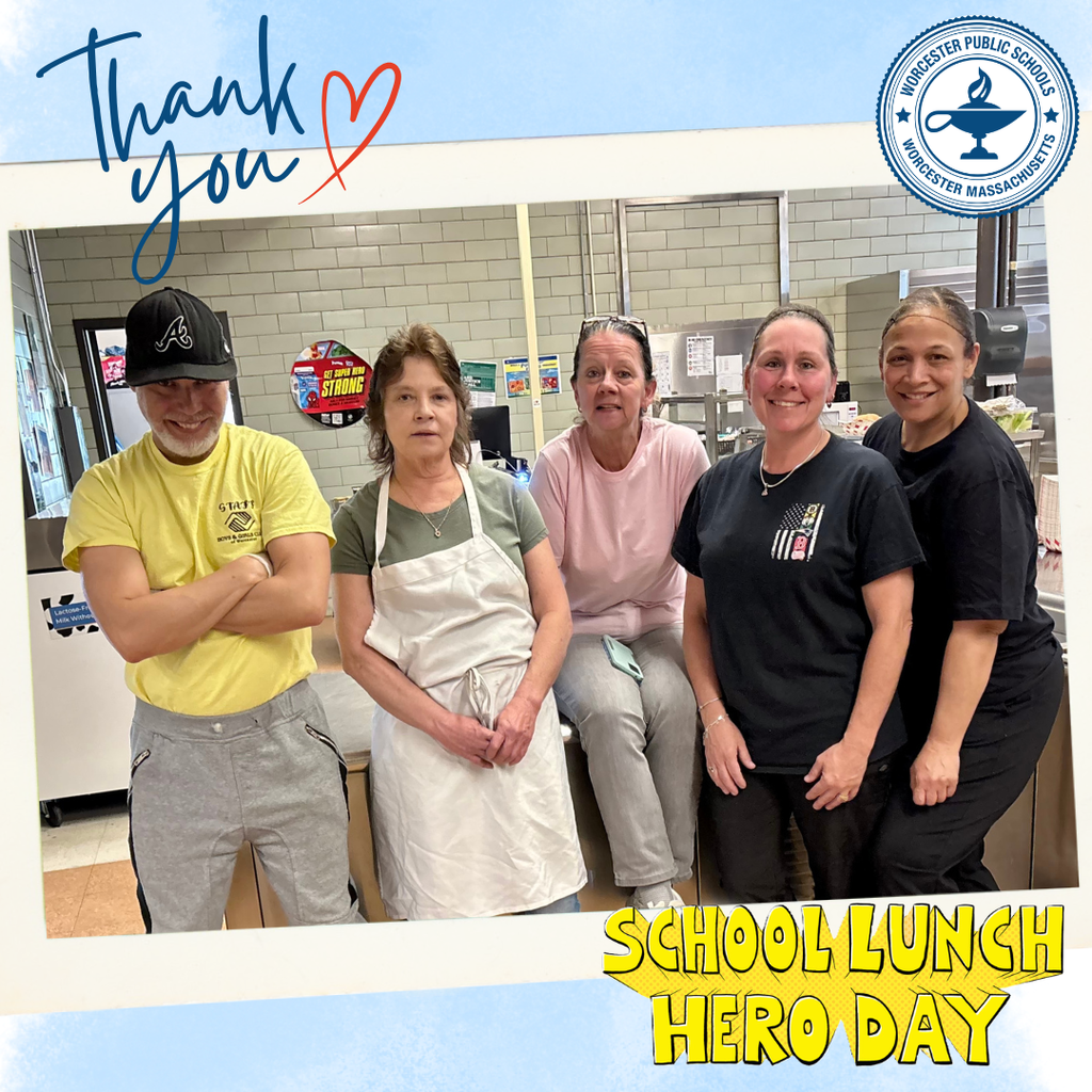 Five school lunch staff members smile for a photo, with "Thank You" and "School Lunch Hero Day" text.