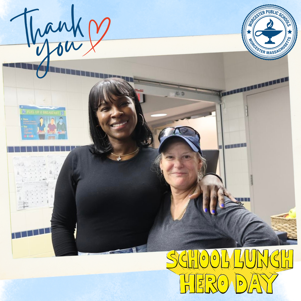 Two smiling women are pictured together, with text overlay reading "Thank you" and "SCHOOL LUNCH HERO DAY".