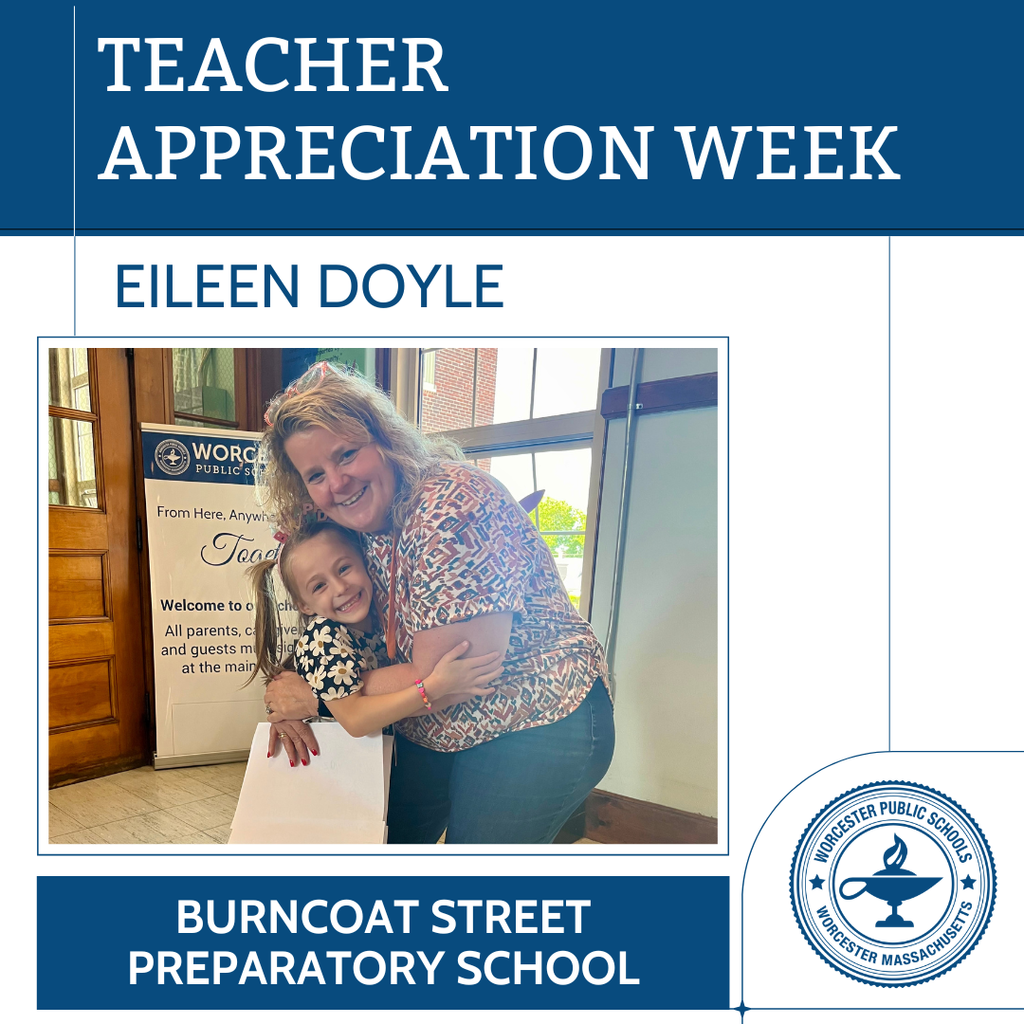 A graphic with an image of Eileen Doyle hugging a student.