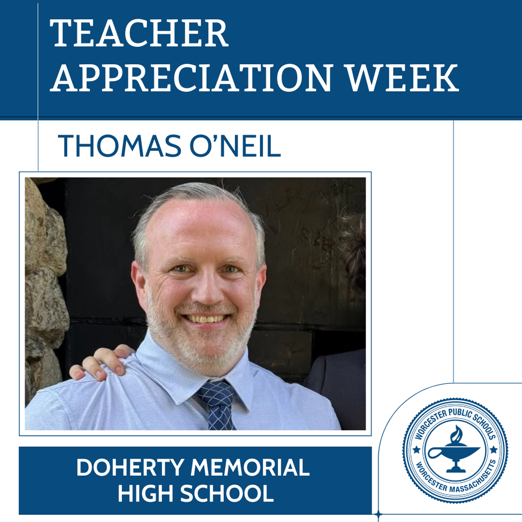 A graphic with an image of Thomas O'Neil of Doherty Memorial High School.