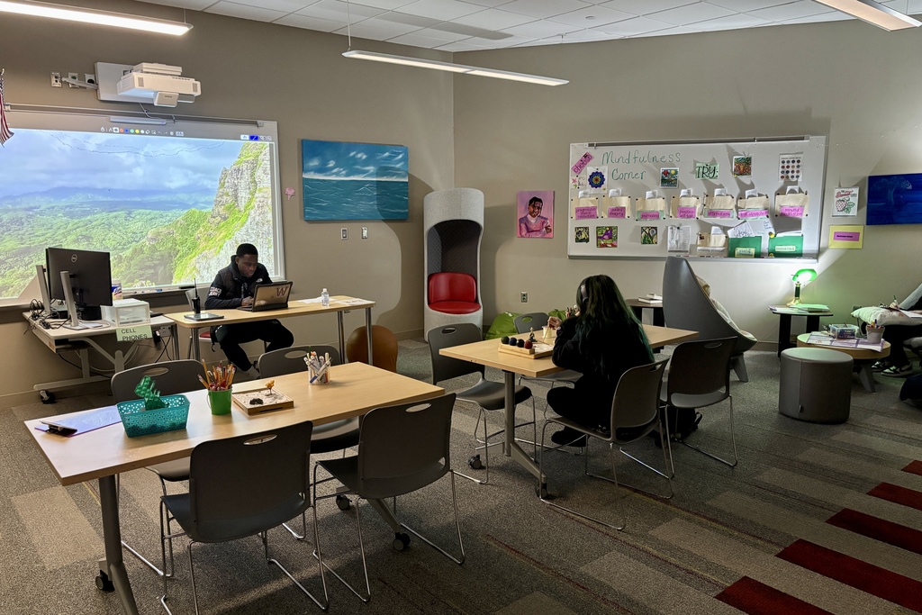 Students work at desks in a classroom with a projected landscape on a large screen.