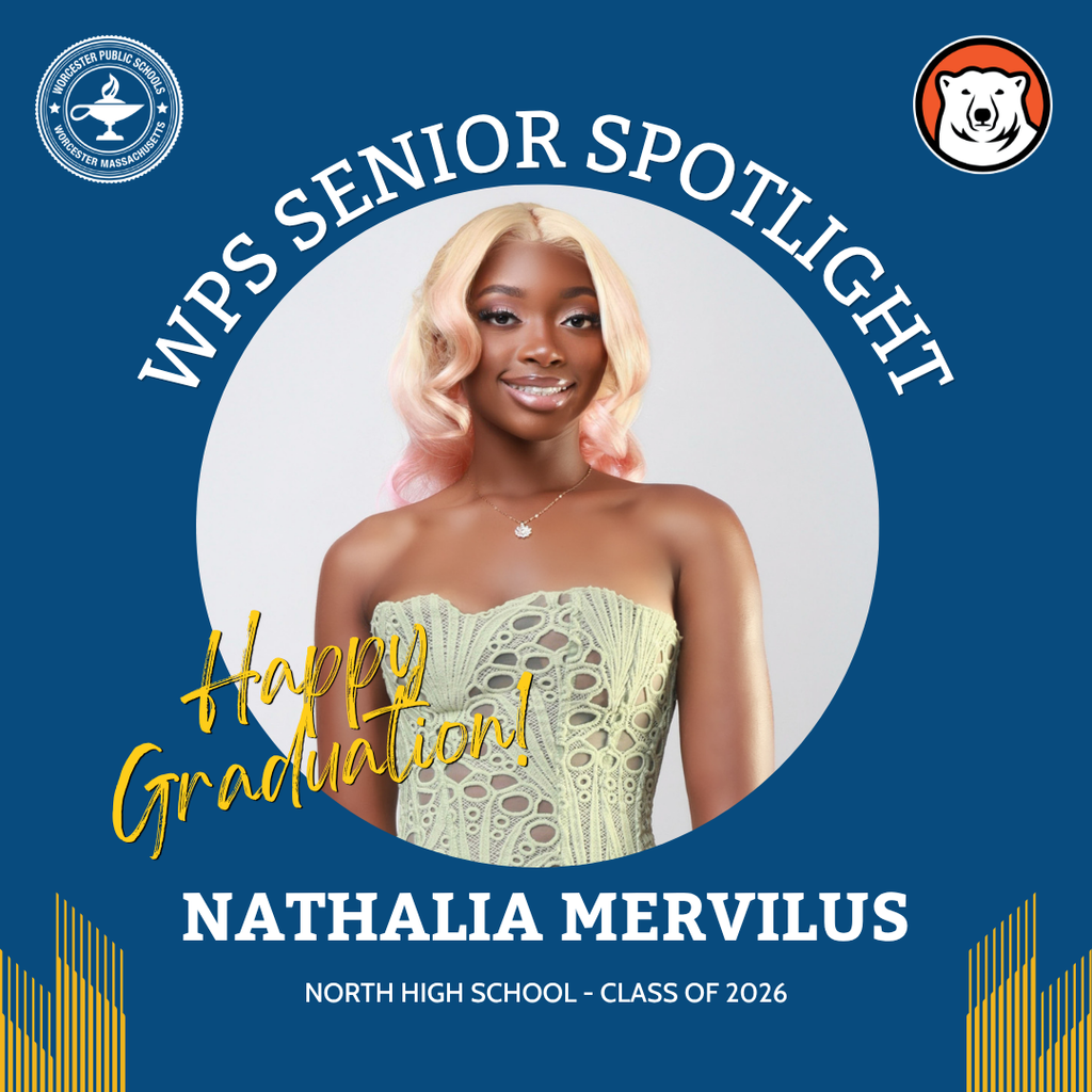 A senior spotlight graphic of Nathalia Mervilus of North High School.
