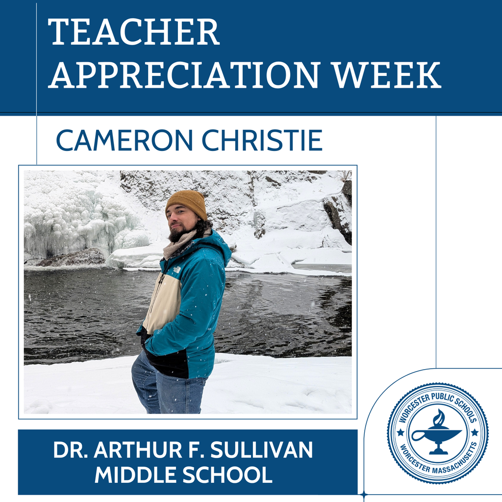 A teacher appreciation week graphic featuring an image of Cameron Christie of Sullivan Middle School.