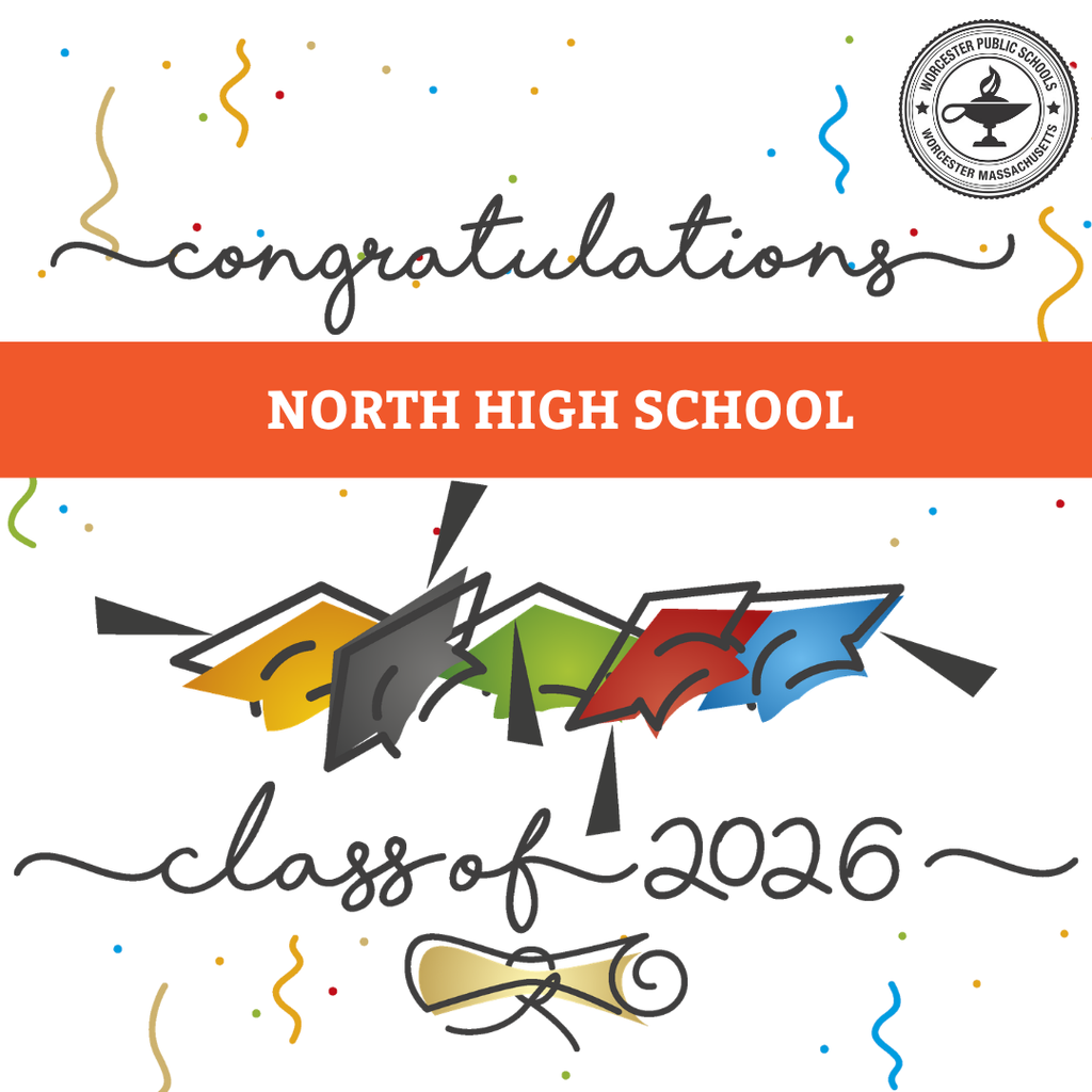 Congratulations to North High School's Class of 2026, depicted with colorful graduation caps and confetti.