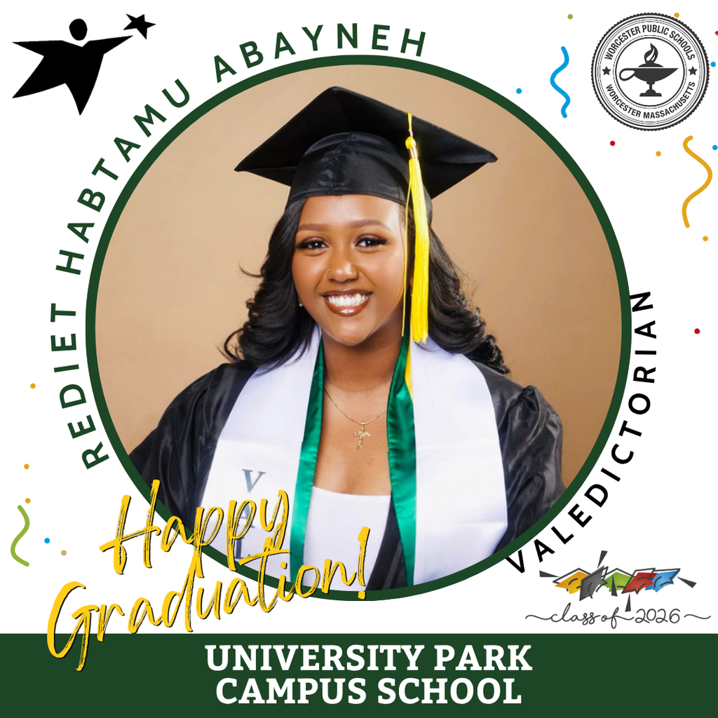 A smiling graduate, Rediet Habtamu Abayneh, wears a cap and gown, celebrating her valedictorian achievement from University Park Campus School, class of 2026.