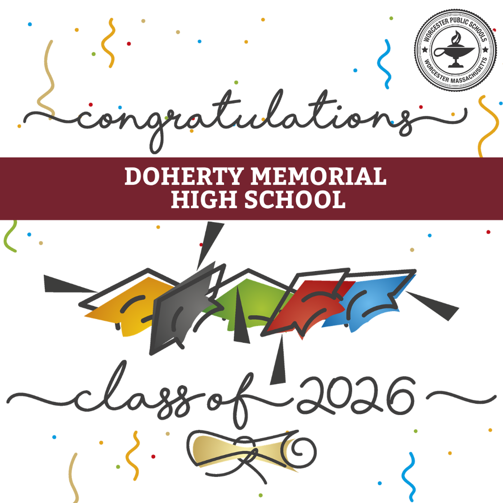 Doherty Memorial High School congratulates the Class of 2026 with colorful graduation caps and confetti.