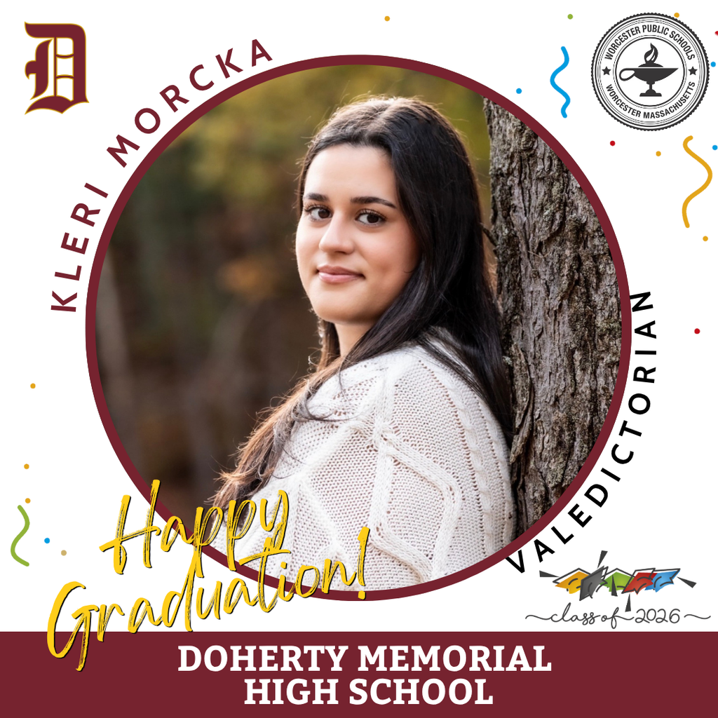 Portrait of Kleri Morcka, Doherty Memorial High School Valedictorian, with graduation text and confetti.