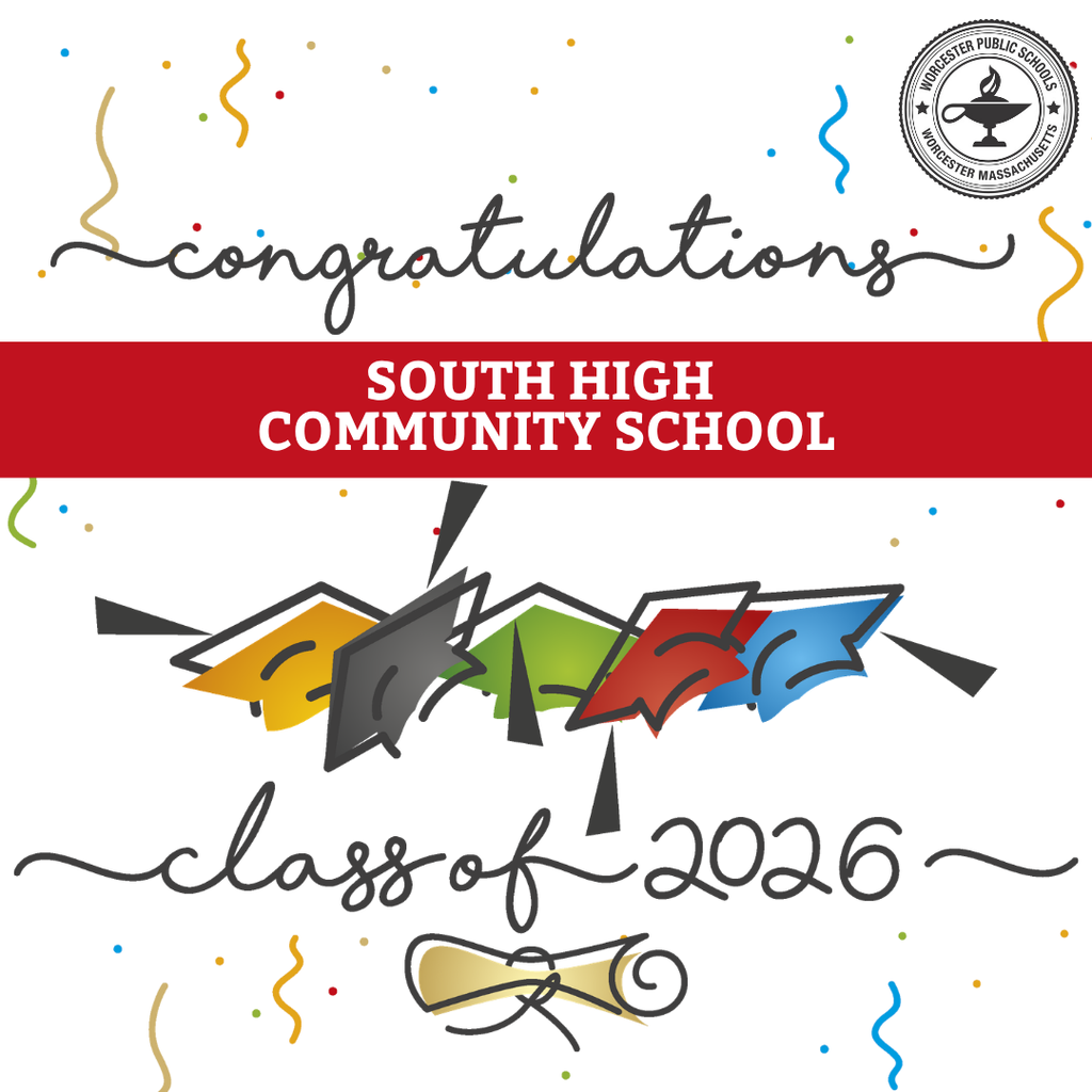 Congratulations to South High Community School Class of 2026 with colorful graduation caps and confetti.